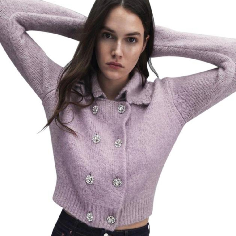 Zara Lilac purple gem stone Scalloped cardigan sweater 💜 preppy cropped M Peter